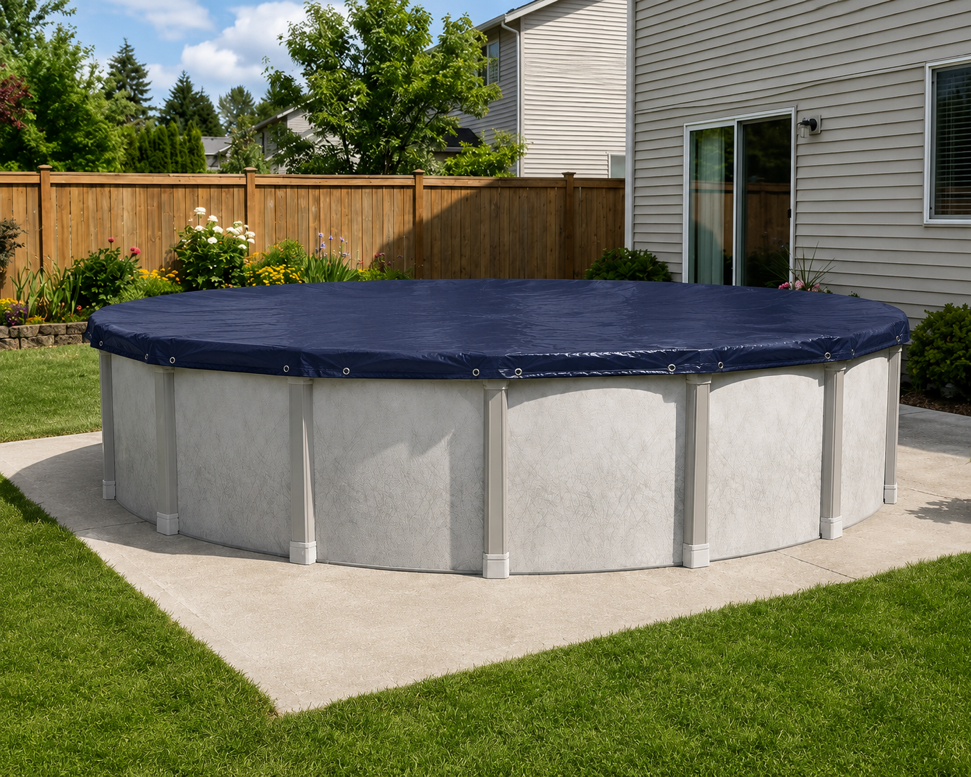 Polar Vortex Supreme 16 x 32 ft. Oval Above-Ground Winter Pool Cover – Navy winter pool cover installed on an oval above-ground swimming pool