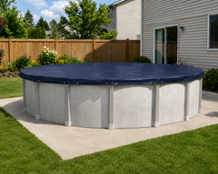 Polar Vortex Supreme 16 x 32 ft. Oval Above-Ground Winter Pool Cover – Navy winter pool cover installed on an oval above-ground swimming pool